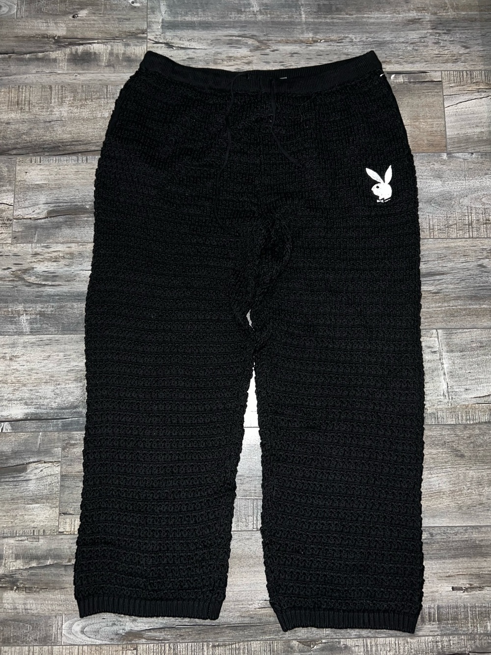 PLAYBOY Black Textured Knit/Crochet Lounge Pants with White Bunny Logo